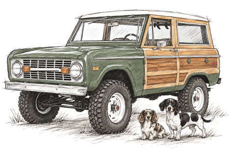Sketch of a vintage green SUV with two dachshunds
